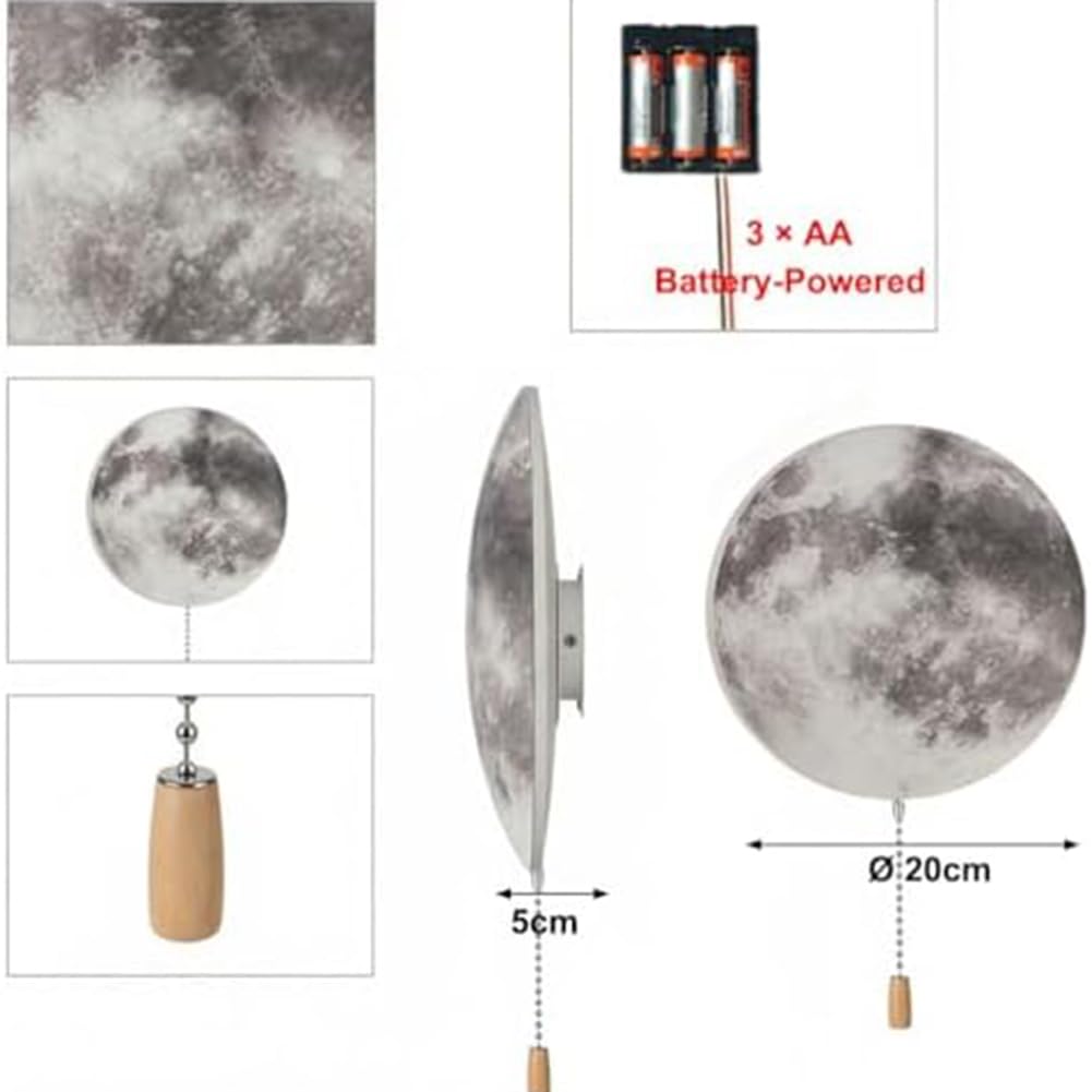 Lámpara de pared LED de luna, recargable, inalámbrica, con interruptor de tracción, decoración redonda moderna para niños, iluminación cálida de 3000 K