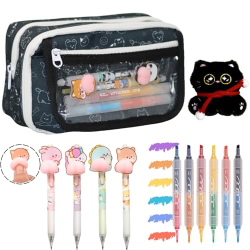 TNDCKP Cute Cat Pencil Case for Girls, Large Zippered Pencil Pouch with Compartments, Aesthetic School Supplies Stationery Set, Back to School Gift for Teen Girls and Boys