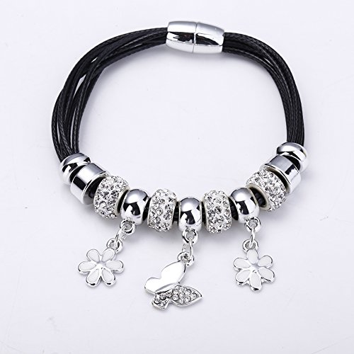 Bingcute Silver European Charm Bracelet Black Cord Bracelets with Butterfly Charm with Shamballa Beads and Magnetic Clasp (7.8inch 20cm) (Black)