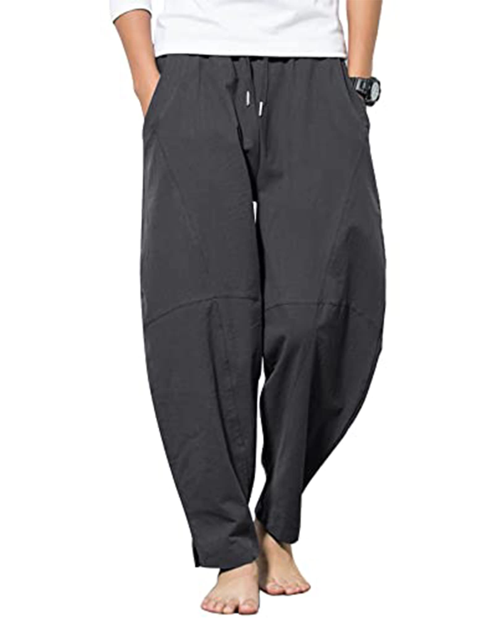 YAOBAOLE Herren Leinenhose Freizeit Loose Fit mit Taschen und Elastikbund