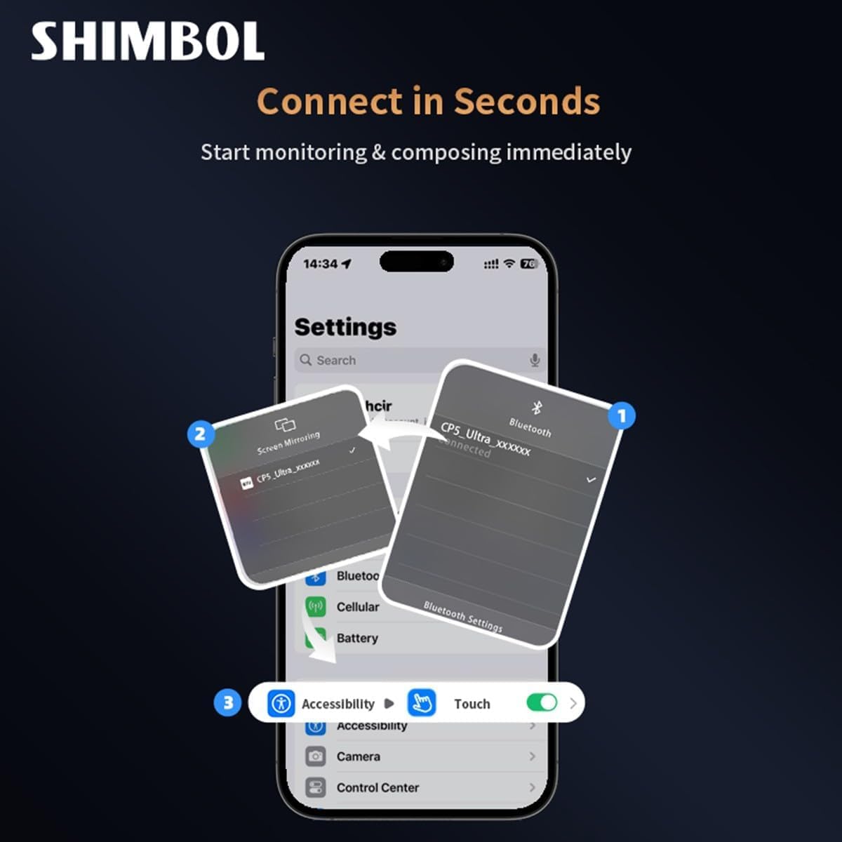 Shimbol CP5 Ultra, Monitor Selfie Vlog Touch HD 5'' 1080P per iPhone&Android - Registrazione Wireless, Telecomando Bluetooth, Controllo Inverso, Specchietto Retrovisore per Streaming TikTok HD(Nero)