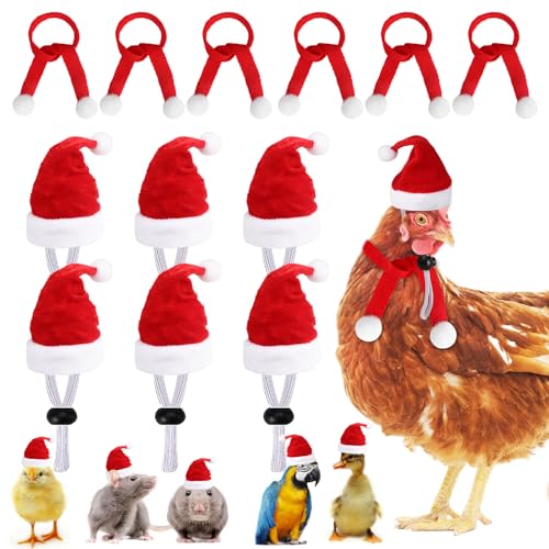 KIMOBER 12Pcs Red Christmas Pet Chicken Hat Scarf Set, Small Animal
