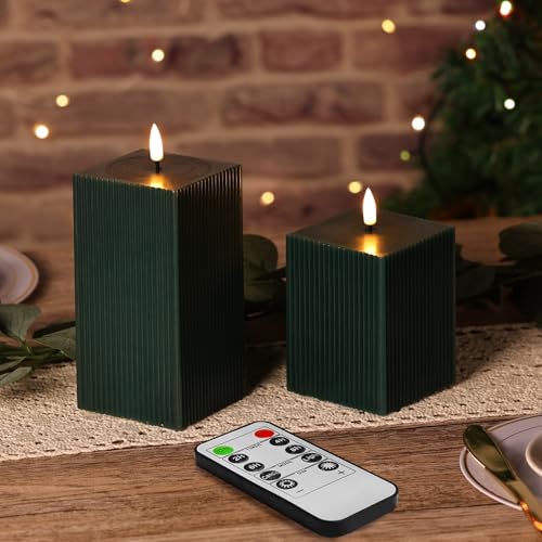 Eywamage Dark Green Square LED Candles, Ribbed Flameless Candles with Remote, Battery Operated Real Wax Candles Set of 2
