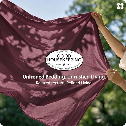 Image of Bedsure 100% Washed Cotton Duvet Cover Queen Size - Burgundy Minimalist Bedding Set Linen Like - PureWoven Plain Simple & Soft Comforter Cover for All Seasons (Burgundy, Queen, 90 inchx90 inch)