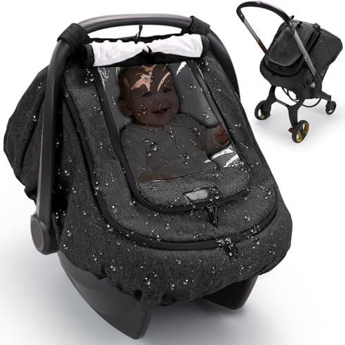 Image of TinlyFinly Waterproof Car Seat Cover for Baby, 2-Layer Car Seat Rain Cover with Clear Window & Sunshade & Mesh Cover, Universal Infant Carseat Canopy for Stroller, Protect from Rain and Snow - Black