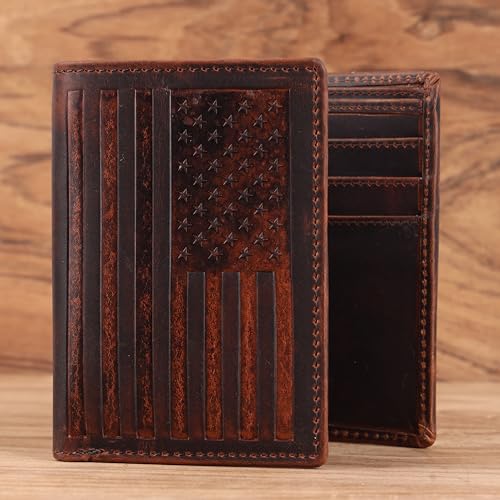 Image of Trifold Wallet for Men, Full Grain Cowhide Leather, RFID Blocking, Gifts for Men (Brown with US Flag)