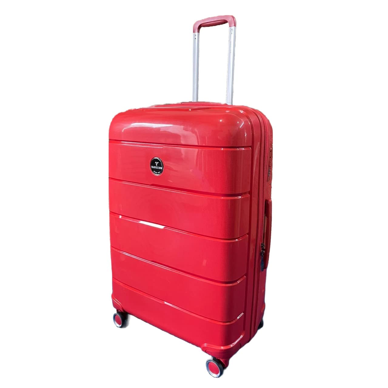 Travelinn Stripped Trolley Bag Set of 3 with Anti-Theft Zipper, 8W Hard Body Glossy Suitcase Set, TSA Lock Security, Cabin+Mediumm+Large (Red) 3