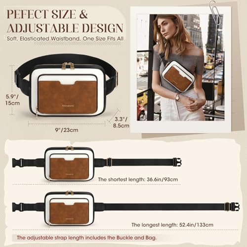 Image of RAINSMORE Fanny Packs for Women, Leather Belt Bag Waterproof Everywhere Crossbody Waist Pack with Adjustable Strap Retro Sling Chest Bag for Work Running Travel Party, Black and Brown with White