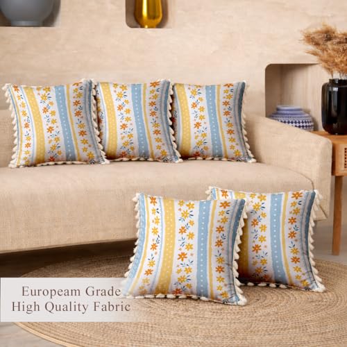 Image of STITCHNEST 'Little Meadow Series' Tassled Cushion Cover | Set of 5 | Floral Cushion Cover 16 inch x 16 inch