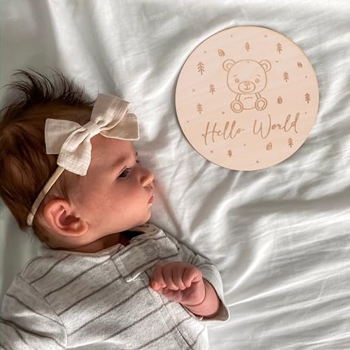 Image of Wooden Hello World Birth Announcement Sign - Teddy Bear Theme Baby Welcome Card for Newborn, Wood Birth Announcement Discs, Wooden Baby Cards First Year, Baby Shower Gift, Gift for Newborn