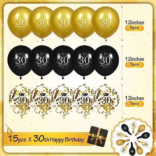Image of 30th Birthday Balloons for Men, 15 Pcs Black Gold Happy 30th Birthday Balloons for Men Women 30 Years Old Party Decor Supplies
