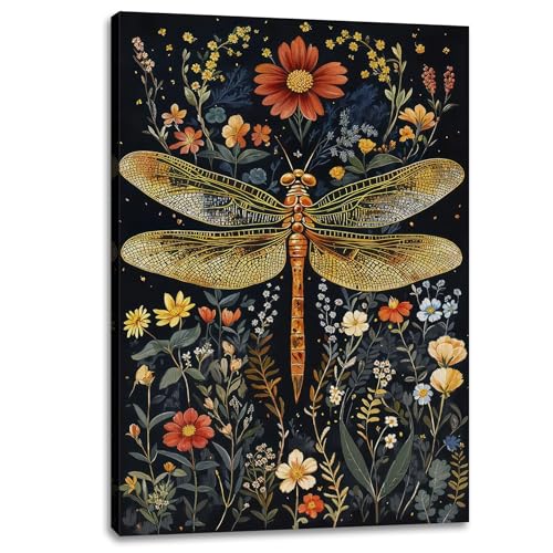 FENNIDICE Dragonfly Canvas Wall Art 12x18 Vintage Floral Botanical Framed
