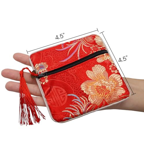 Image of ZOOFOX 30 Pieces Silk Jewelry Pouch, Brocade Embroidered Coin Purse with Zipper and Tassel, Small Gift Bags for Small for Jewelry Wedding Party Favor Chinese New Year Goodie Candy Bags
