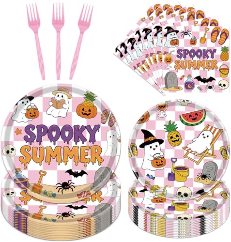Gameza Summer Halloween Party Decorations - 96PCS Happy Summer Halloween Party Plates Napkins and Forks Disposable Tableware Set, Ghost Spooky Ween Vibes Holiday Party Supplies Decor, Serve 24