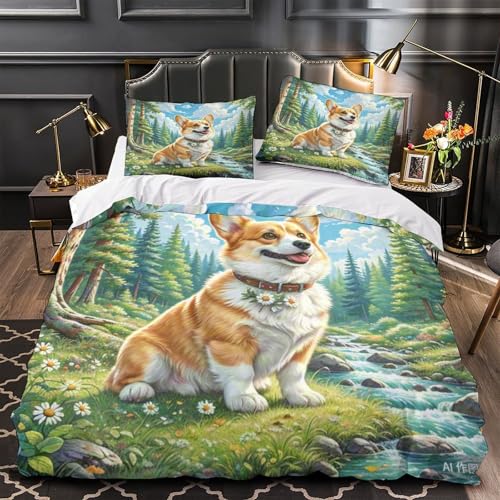 Housse de couette Corgi 3D lit King 220x240 fermeture éclair microfibre anti-plis