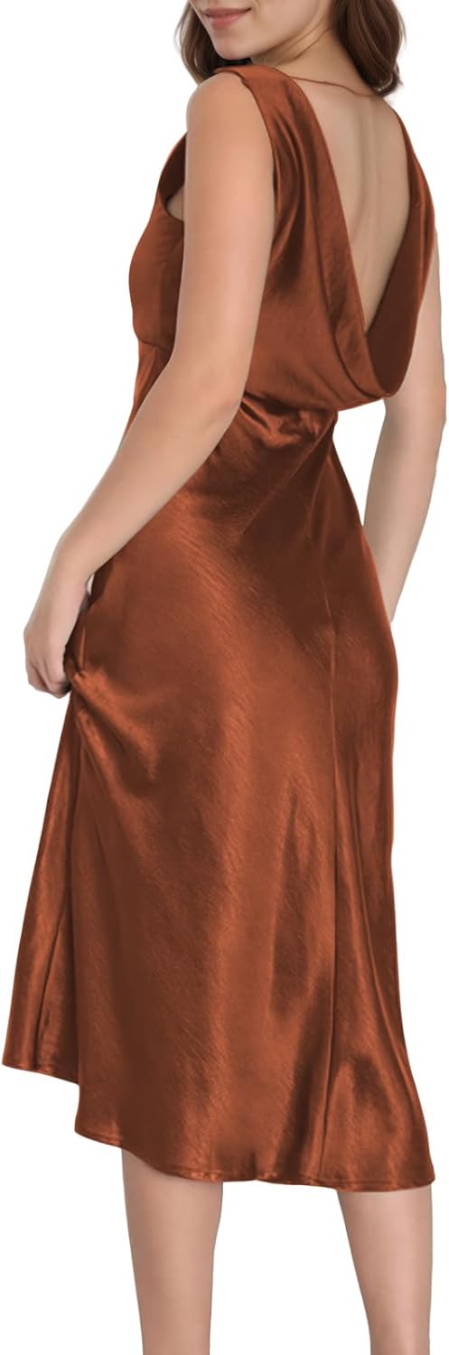 Summer Satin V Neck Backless Midi Dresses for Women 2025 Silky A line Formal Low Back Sleeveless Wedding Guest Long Dress