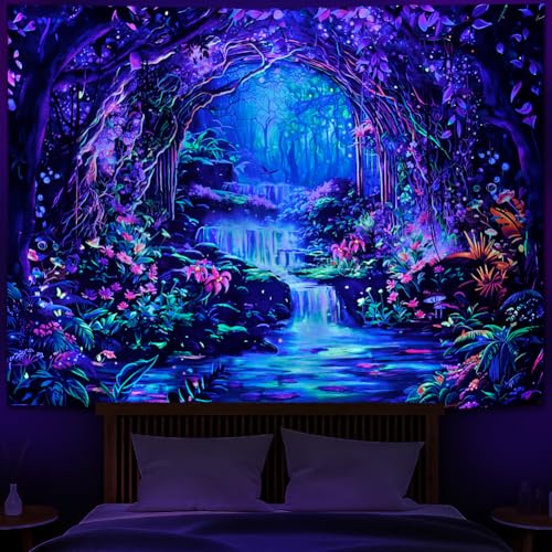 Heopapin Blacklight Magical Forest Tapestry UV Reactive Waterfall Plants Flower Tapestries Glow in Blacklight Fantasy Landscape Wall Hanging Decor for Home 59.1L x 51.2W