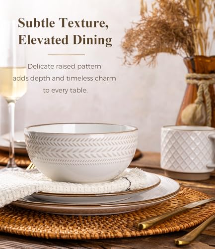 Image of GBHOME Dinnerware Sets for 4, Farmhouse Style Stoneware Plates and Bowls Sets, 12 Pieces Embossed Scratch Resistant Dishes, Dishwasher & Microwave Safe, White