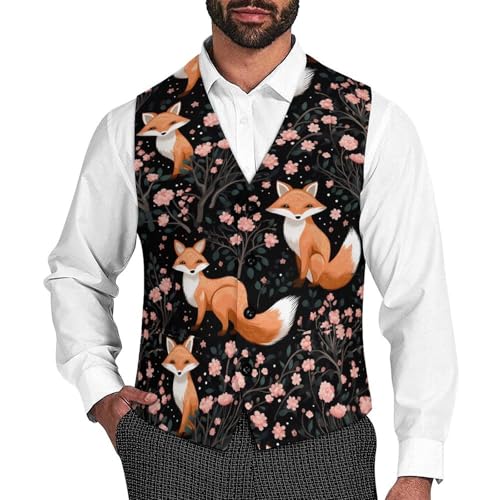Cherry Flowers FoxMen's Suit Vest Slim Fit Formal Dress Waistcoat V Neck Casual Business Vests for Suit Or Tuxedo