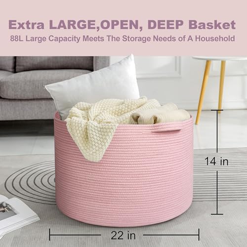 Image of MEGASKET Extra Large Pink Basket, 22 inchx22 inchx14 inch Woven Cotton Rope Bin with Handles, Blanket Storage for Living Room, Baby Kids Toy Storage Bin Box, Wicker Laundry Basket, Pink Room Decor Organizing