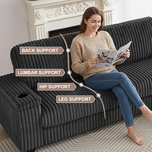 Image of Corduroy Sectional Couch for Living Room, Oversized L Shaped Couch, Modular Corner Sofa with Storage USB Ports and Cup Holders for Living Room, Bedroom and Apartment, Grey