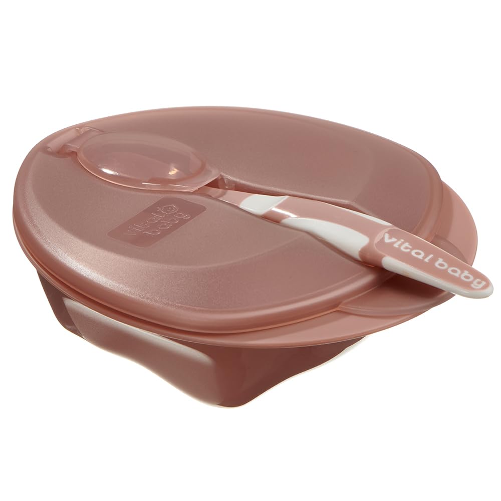 Vital Baby Nourish Weaning Bowl with Lid & Spoon 6m+, Berry Pink, Food Mashing Zones, Soft Spoon Tip, EarthSmart Biodegradable, BPA-Free & Portable with Hygienic Spoon Cover