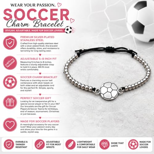 Image of Sportybella Soccer Bracelet, Soccer Jewelry, Adjustable Silver Beads on Black Strings Soccer Bracelet, Soccer Gifts For Women