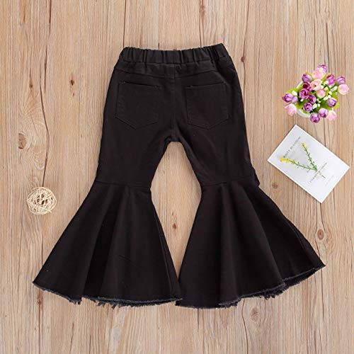 Toddler Kids Baby Girl Bell Bottom Denim Jeans Flare Pants Ripped Leggings Trousers Tie Dye Print Clothes Outfits (Black& Ripped,4-5T)