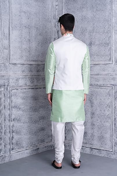 Image of Uri and MacKenzie Men's Silk Blend Kurta Pyjama with Stylish Embroidered Ethnic Jacket