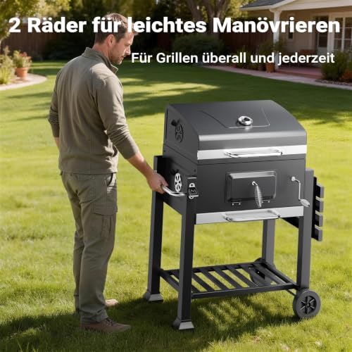 Foto von BBQ Holzkohle Grillwagen mit Deckel, Ablage und Feuerklappe, Höhenregulierung für Kohle, Thermometer