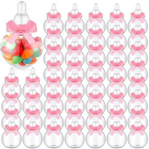 Sosation 48 Pcs Mini Bottles for Baby Shower Favors Bulk, Small Candy Bottle Clear Plastic Milk Bottle with Bow Knots for Newborn Baby Shower Party Decor(Pink)