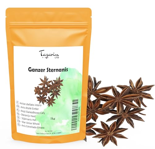 1Kg Anis Étoilé Entier - Badiane - Arôme & Goût Intense - Infusion, Thé et Recettes Maisons - Sélection Premier Choix - Illicium Verum - Sachet avec Zip - 100% Naturel | Qualité Supérieure - TazainLTD