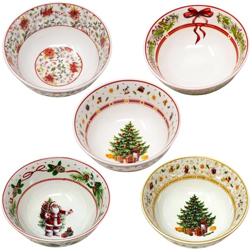 NAMAI-Ciotole Natalizie - Set 5 Ciotole - Porcellana-Diametro 11,5 CM - Adatta in Lavastoviglie - Regalo Natale - Ciotole Aperitivo - Decorazioni Natalizie -Ciotoline Dolci-Ciotole Colazione