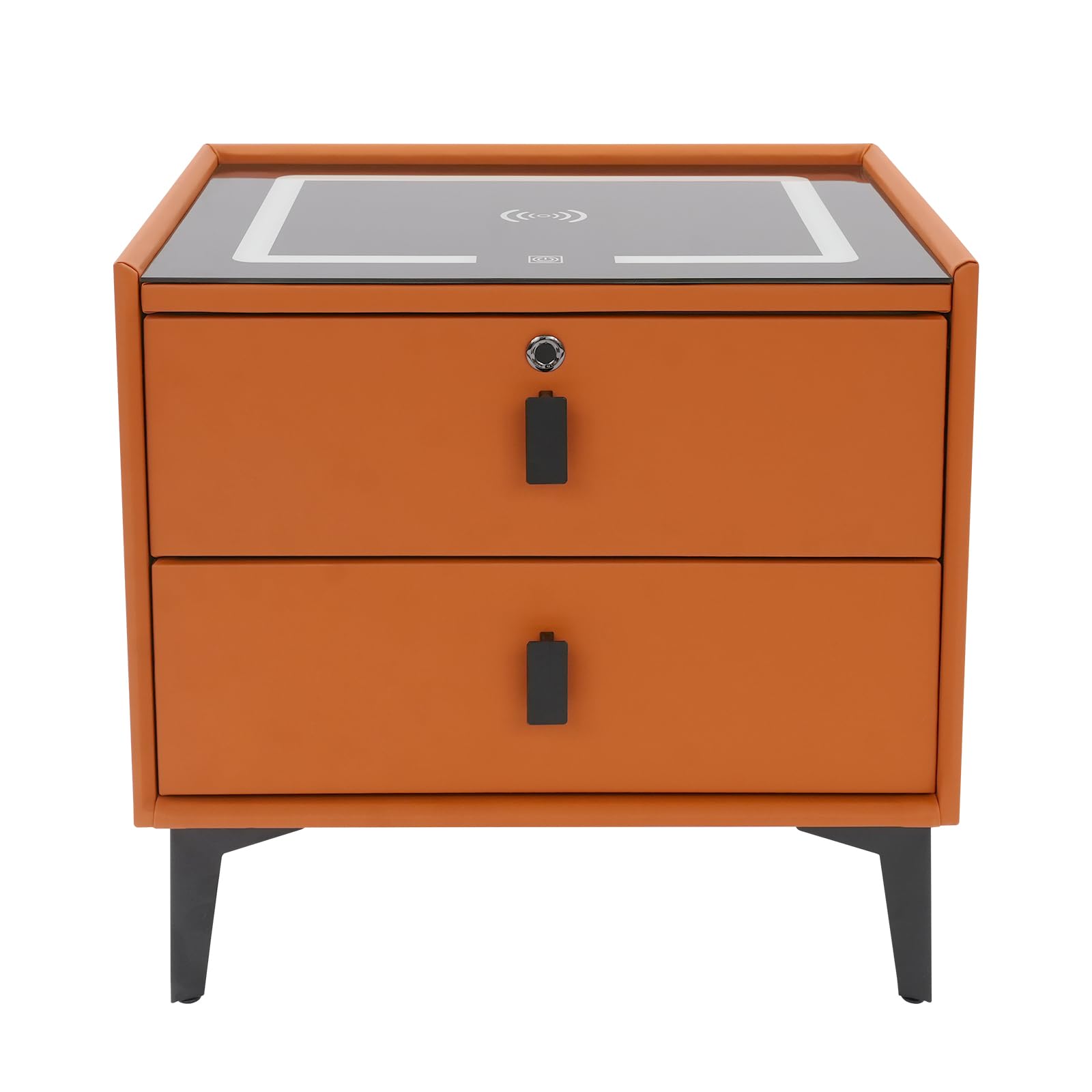 Kompakter Smart Nachttisch 50x40x46cm, Elektrischer Nachttisch USB Ladestation, Fingerprint Schloss, Bluetooth Box, 2 Schubladen und 3 farbige LED-Beleuchtung (Orange)