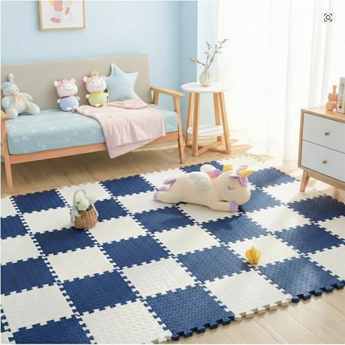 Set 33x33 13 mm Tatami 100x100 Kurulumlu Oyun Spor Halısı Minderi Puzzle Minder Zemin Kaplama (lacivert-beyaz), 9 Parça