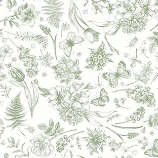 CiCiwind Self-Adhesive Wallpaper 44CM×3M White Green Floral Peel and Stick Waterproof Sticky Back Plastic Removable Wall Covering for Cabinet Decor