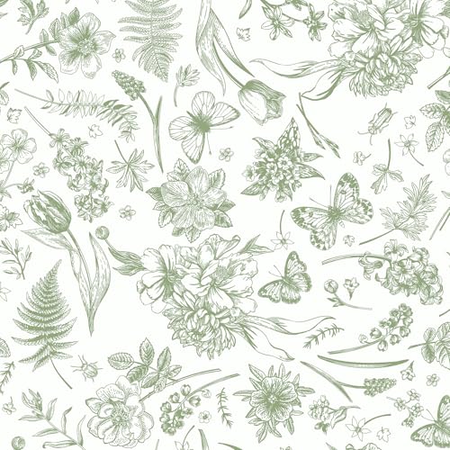 CiCiwind Self-Adhesive Wallpaper 44CM×3M White Green Floral Peel and Stick Waterproof Sticky Back Plastic Removable Wall Covering for Cabinet Decor