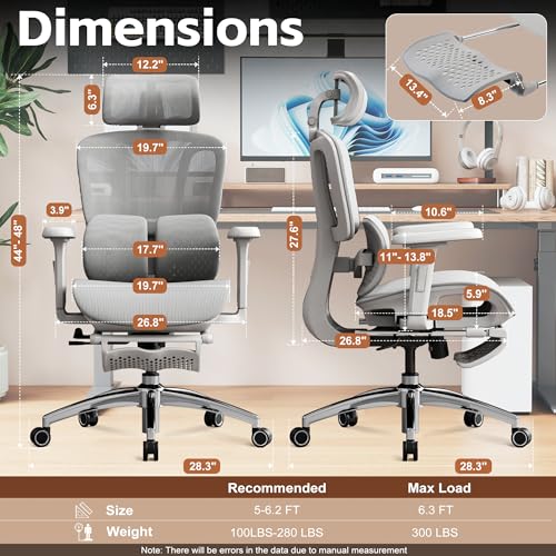 Image of Vonesse Ergonomic Office Chair with Footrest, Desk Chairs with Adjustable 3D Headrest and Armrests, Computer Gaming Chair with Dynamic Lumbar Support & Adjustable Depth Breathable Mesh Seat (Grey)