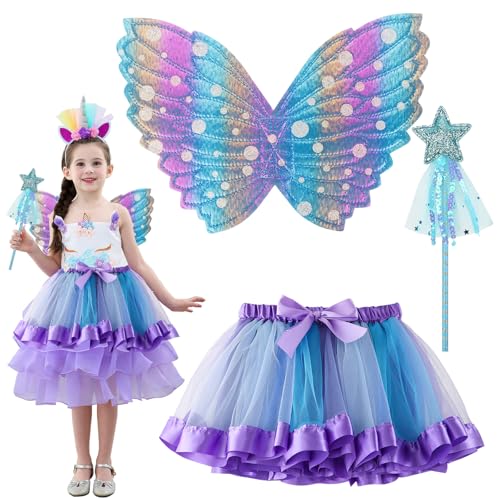 Yooyan Feenflügel Kostüm Set Kinder, Schmetterlingsflügel Mädchen Prinzessinnen Flügel Tüllrock, Faschingskostüme Kinder mit Schmetterling, für Halloween Geburtstag Fasching Kostüm