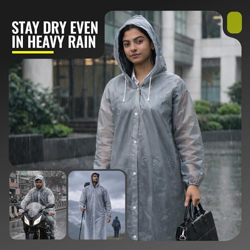 Image of Robustt EVA Reusable Raincoat with Hood (Dark Grey) - Pack of 1 | Elasticated Full Sleeves Outdoor Waterproof Raincoat for Men & Women | Rainwear | Button Closure | Knee Length | Universal Fit