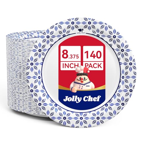 JOLLY CHEF 8.37 inch Disposable Paper Plates 140 Count Soak Proof, Cut Proof, Heavy Duty Printed Disposable Plate for Everyday Use