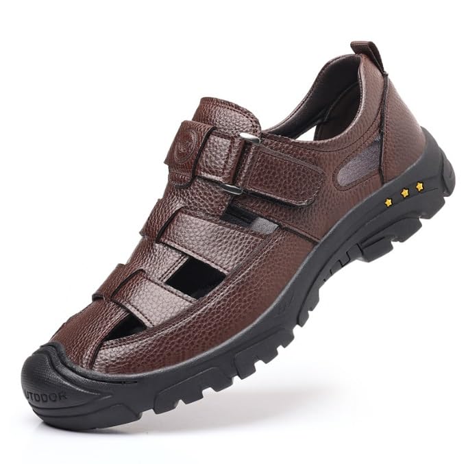 Men's Fashion Outdoor Hiking Sandals, Closed Toe Business Sandals, Real Leather Sports Beach Shoes