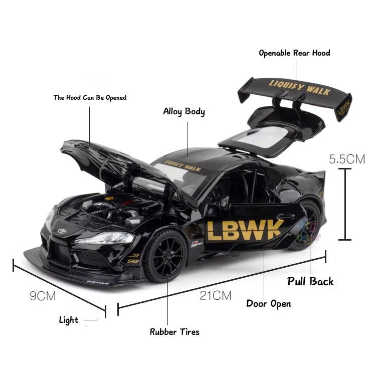 Image of 1:24 Toyota Supra LBWK Racing Car Toy Alloy Diecast Sound & Light Model for Children - Black