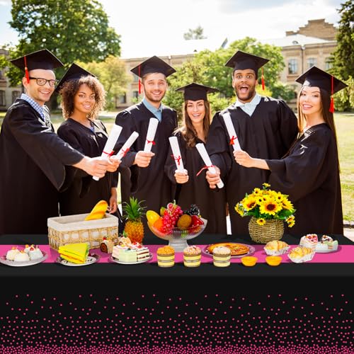 Image of 6Pcs Black Hot Pink Tablecloth Party Decorations,Plastic Black Table Cloth Printed Hot Pink Table Runner Disposable Rectangle Cover for Birthday Wedding Anniversary Graduation Party,54x108 Inch