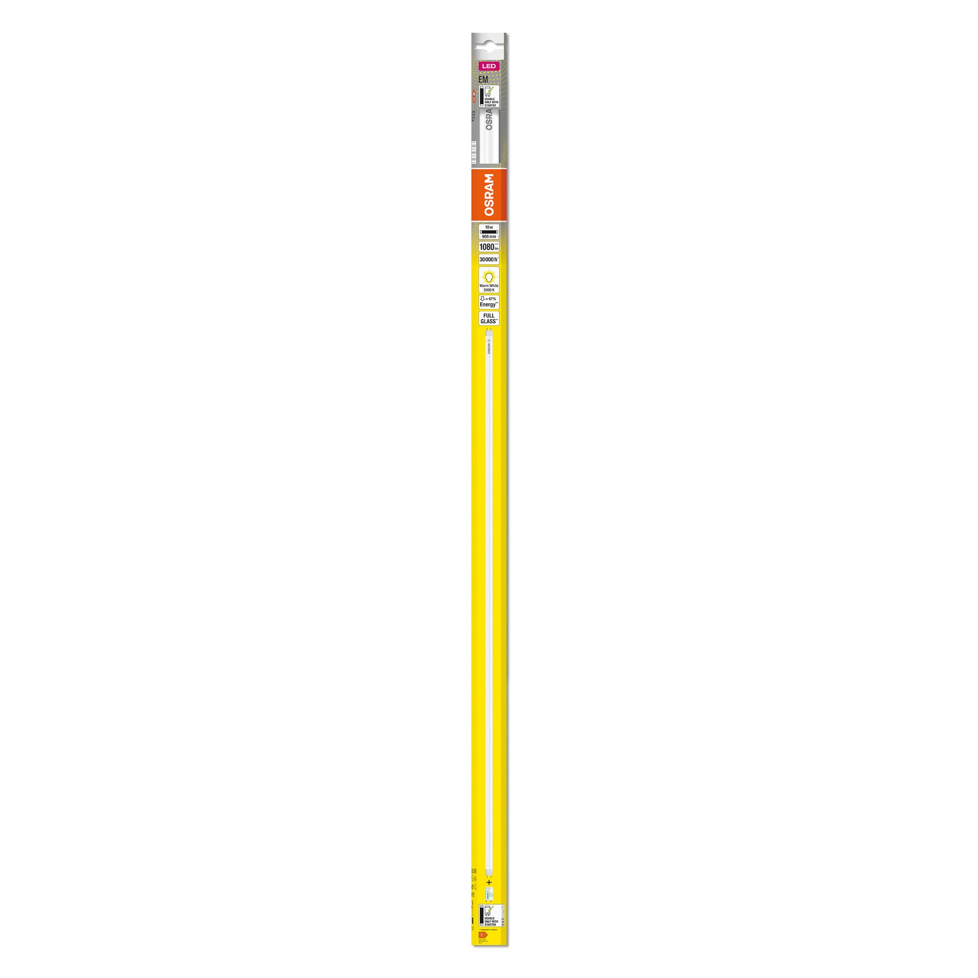 OSRAM LED TUBE T8 30 EM 900 mm, tubo LED lineal, 10W, 1080lm, 3000K, luz blanca cálida, reemplazo LED para tubos fluorescentes T8 con casquillo G13, larga vida, optimo consumo de energía
