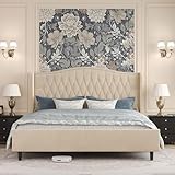Belffin King Bed Frame and Headboard, Luxury Upholstered Velvet Platform Bed with Wingback, Button Tufted & Nailhead Trim, Anti-Slide Tall Footboard, No Box Spring Needed, Noise-Free, Beige