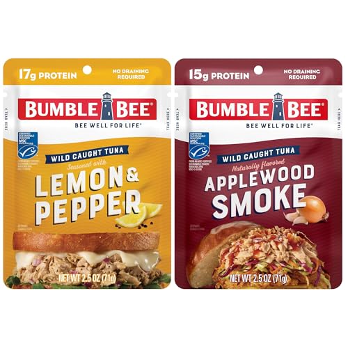 Bumble Bee Seasoned Tuna Pouch Duo (2 Total Pouches) - Lemon & Pepper Tuna and Applewood Smoke Tuna - Ready to Eat 2.5 oz Packets
