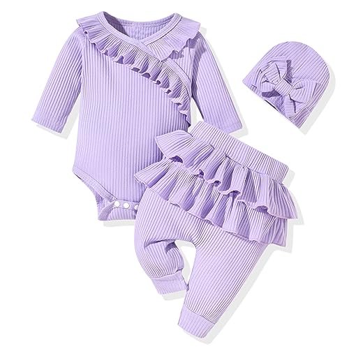 fioukiay Preemie Baby Girl Clothes Infant Girl Solid Ribbed Outfits Long Sleeve Ruffle Romper and Pants 3PC Clothing Sets(Purple,Preemie) -  COBAZ103731A1