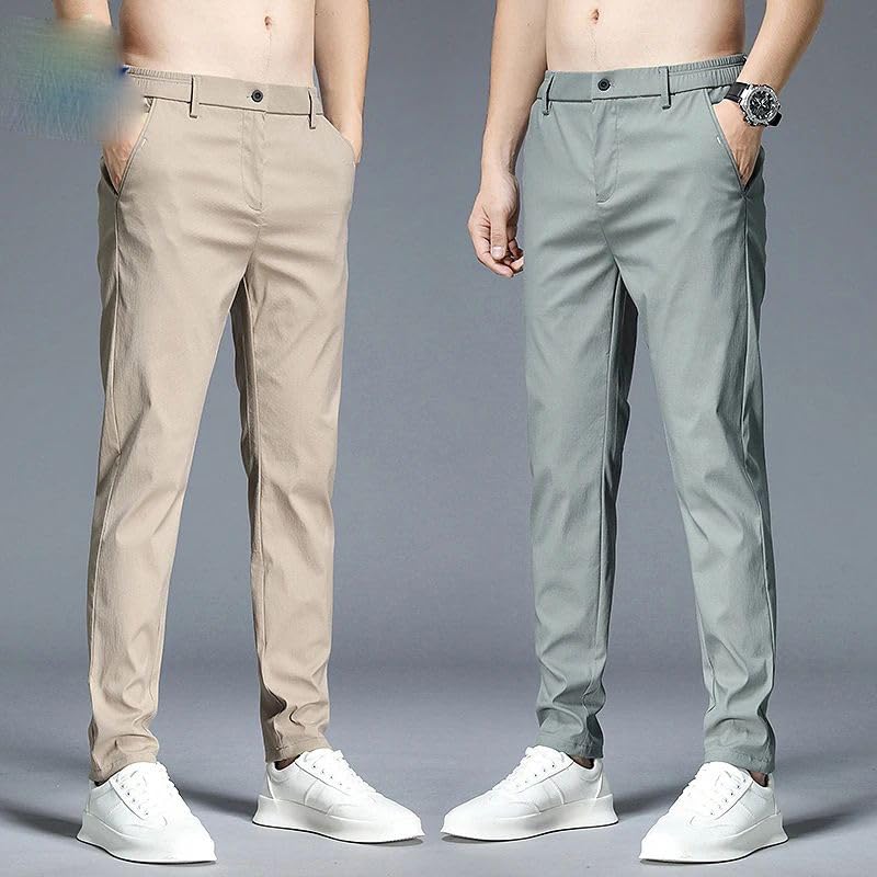Spring Summer Casual Pants Men Cotton Stretch Slim Fit Elastic Waist Business Korean Classic Trousers Male Black2