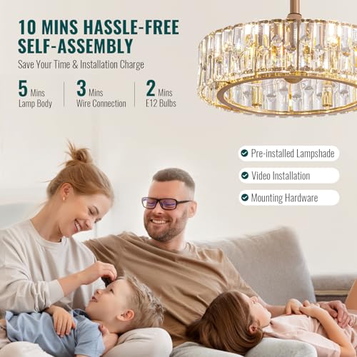 Image of Siljoy Modern Gold Caged Crystal Ceiling Fans with Lights and Remote, 20'' | Crystal Chandelier with Fan, 6 Fan Speeds, Reversible Blade, Quiet Performance, 6-Light Fandelier Bedroom Living Room Nursery